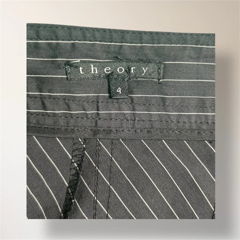Theory Women's 4 Black Tan Pinstripe Pleated A-Line Skirt Office Career Academia - Picture 7 of 9